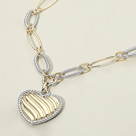 14K Gold Plated Bold Two Tone Oval Link Textured Heart Pendant Necklace