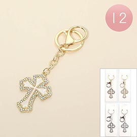 12PCS - Rhinestone Pave Rim Mother of Pearl Cross Drop Bag Charm Keychains
