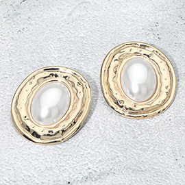Bold Center Pearl Accent Oval Statement Earrings