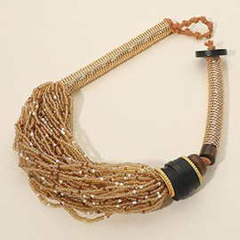 Bold Wooden Disc Accent Seed Beaded Multi Layered Statement Necklace