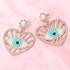 Seed Beaded Evil Eye Accent Rhinestone Pave Heart Drop Earrings