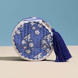 Floral Pattern Quilted Tassel Portable Round Mini Jewelry Box