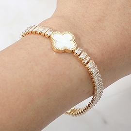 Quatrefoil Charm Accent CZ Baguette Cluster Link Bracelet