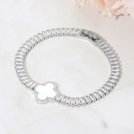 Quatrefoil Charm Accent CZ Baguette Cluster Link Bracelet