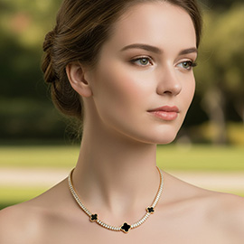 Quatrefoil Charm Station CZ Baguette Cluster Link Necklace