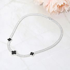 Quatrefoil Charm Station CZ Baguette Cluster Link Necklace