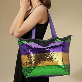Mardi Gras Sequin Stripe Shoulder Tote Bag
