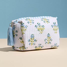 Floral Pattern Quilted Tassel Portable Cosmetic Pouch Bag