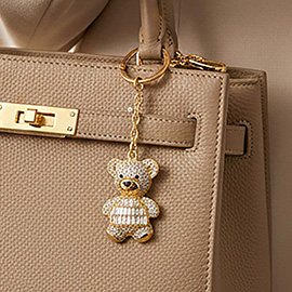 Gold Dipped CZ Stone Paved Teddy Bear Drop Keychain Bag Charm
