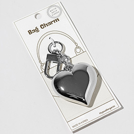 White Gold Dipped Bold Puffy Heart Drop Keychain Bag Charm