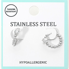 Stainless Steel Solitaire Accent Beaded Mini Huggie Hoop Earrings