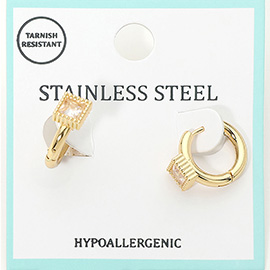 Stainless Steel Square Stone Accent Mini Huggie Hoop Earrings