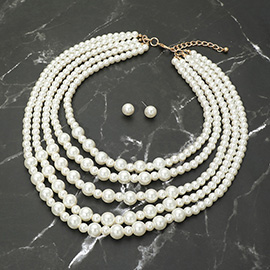 Classic Pearl Beaded Multi Strand Statement Necklace