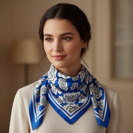 Floral Rose Pattern Printed Square Silky Satin Bandana Scarf