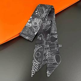 Illustrated Scene Print Silky Twilly Skinny Scarf