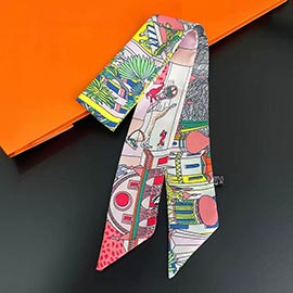 Illustrated Scene Print Silky Twilly Skinny Scarf