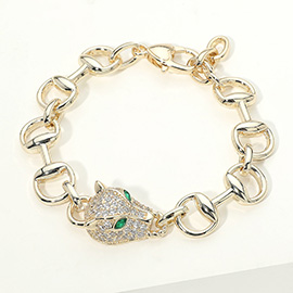 14K Gold Plated CZ Pave Leopard Panther Head Accent Horsebit Link Bracelet