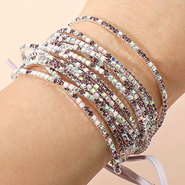 12PCS - Ribbon Colorful Rhinestone Layered Stretch Bracelets