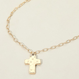 Hammered Metal Cross Charm Pendant Paperclip Chain Necklace