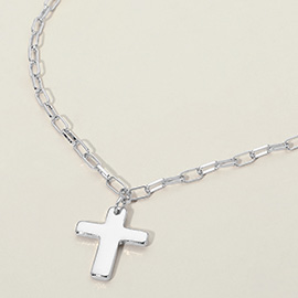 Metal Cross Charm Pendant Paperclip Chain Necklace