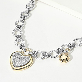 14K Gold Plated Two Tone CZ Pave Heart Charm Circle Link Chain Toggle Necklace