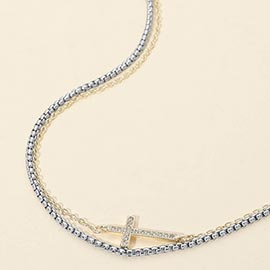 14K Gold Plated Two Tone CZ Pave Cross Pendant Accent Layered Necklace