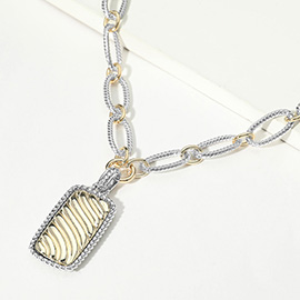 14K Gold Plated Two Tone Rectangle Pendant Chunky Chain Toggle Necklace