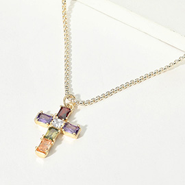 14K Gold Plated Colorful CZ Cross Pendant Necklace