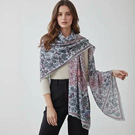 Vintage Botanical Printed Oblong Silky Satin Scarf Shawl