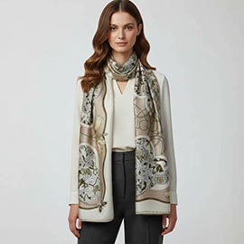 Ornate Floral Medallion Printed Oblong Silky Satin Scarf Shawl