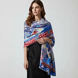 Ornate Elephant Motif Printed Oblong Silky Satin Scarf Shawl