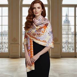 Ornate Elephant Motif Printed Oblong Silky Satin Scarf Shawl