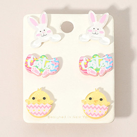 3Pairs - Easter Bunny Egg Chick Stud Earring Set
