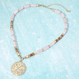 Textured Zodiac Coin Pendant Beaded Necklace