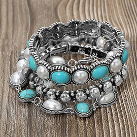 4PCS - Boho Stone Pearl Embellished Stretch Multi Layered Bracelets