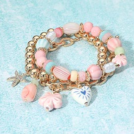3PCS - Ceramic Fish Ocean Pearl Charm Beaded Multi Layered Bracelets