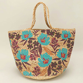 Floral Print Raffia Woven Tote Bag