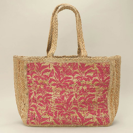 Botanical Leaf Pattern Straw Woven Tote Bag