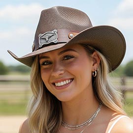 Vintage Longhorn Steer Head Buckle Accent Band Western Straw Cowboy Hat
