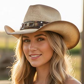 Longhorn Steer Head Buckle Accent Rugged Studded Band Western Straw Cowboy Hat