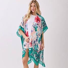 Abstract Floral Print Silky Feel Kimono Poncho