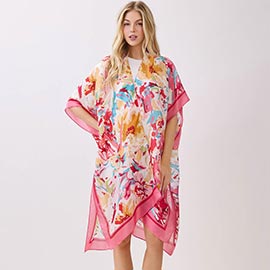 Abstract Floral Print Silky Feel Kimono Poncho