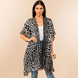 Short Sleeves Leopard Pattern Open Front Kimono Poncho