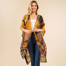 Short Sleeves Abstract Pattern Open Front Kimono Poncho