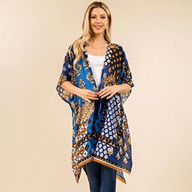 Short Sleeves Abstract Pattern Open Front Kimono Poncho