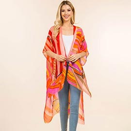 Abstract Geometric Pattern Open Front Long Kimono Poncho