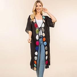 Floral Crochet Trim Open Front Long Kimono Poncho