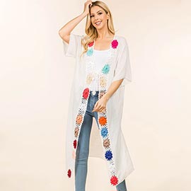 Floral Crochet Trim Open Front Long Kimono Poncho