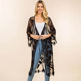Sheer Floral Lace Long Kimono Poncho