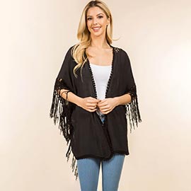 Open Front Fringe Embroidered Kimono Poncho Cardigan
